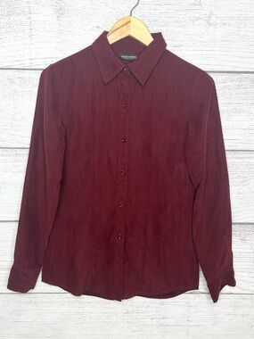 New York & Company Burgundy Stretch Button Down Shirt Size Small Soft Faux Suede